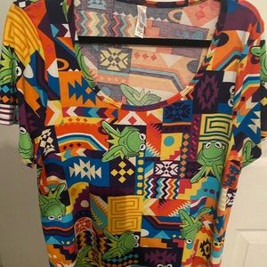 Lularoe Classic Tee Disney Kermit the frog patchwork pattern. Colorful Soft XL